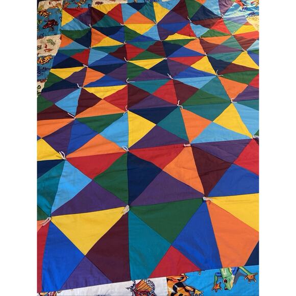 VTG 90s Rainbow Patchwork Handmade Quilt Blanket Twin 83x66” Cotton Cottagecore - Picture 6 of 9